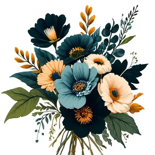 bouquet of flowers with birth flower for May June July and October  tattoo design idea