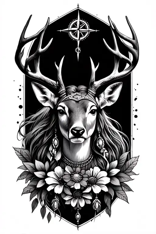 deer with wild flowers compass jewels native women warrior  tattoo design idea