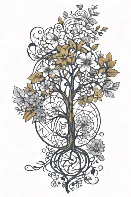 tree of life with May, August, October, November, June birth flowers tattoo design idea