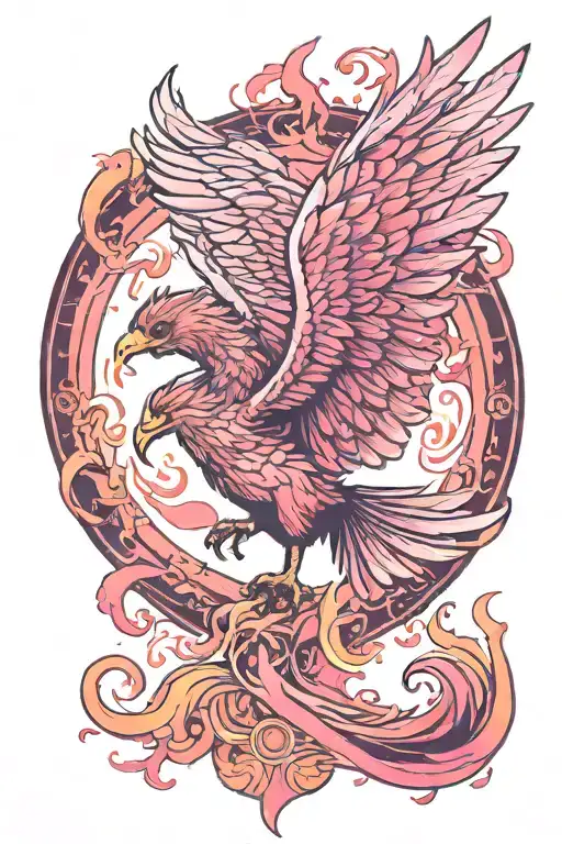 flaming phoenix with outstretched wings and touches of pink tattoo design idea
