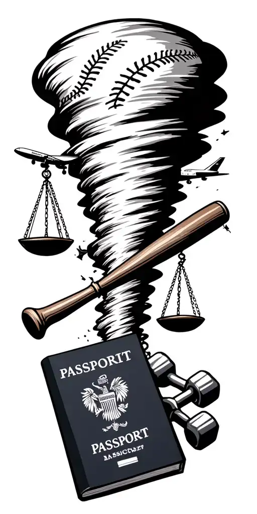 tornado sucking up scales of justice, baseball bat, baseball, airplane, passport, dumbbell, and palm tree. tattoo design idea