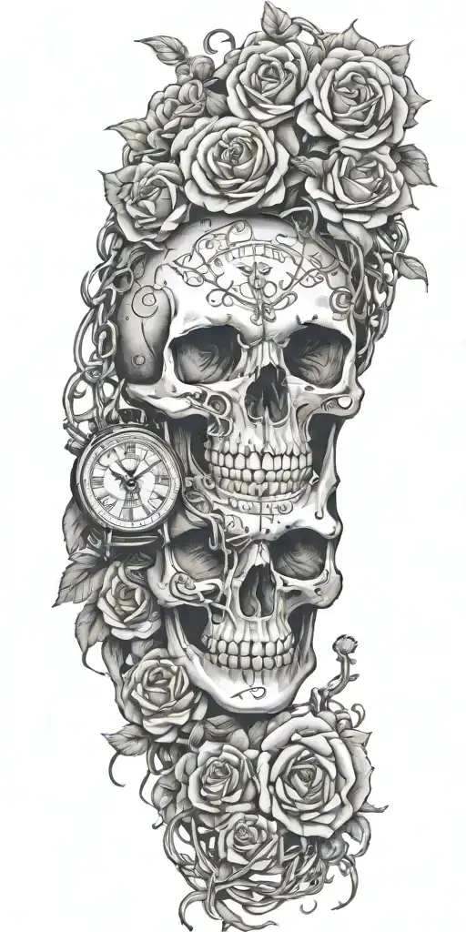 Skull, watch with numbers flying away, intertwined roots growing from chains on the wrist, roses with sharp vines, a split mask tattoo design idea