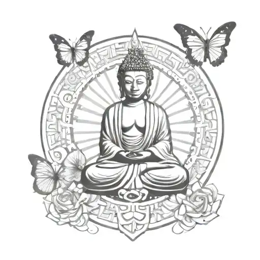 Unique Buddha representing peace combined with hope meaning butterfly and protection symbol with life circle around them tattoo design idea