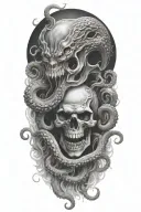 Create a detailed black-grey tattoo of a kraken engulfing a skull with tentacles tattoo design idea