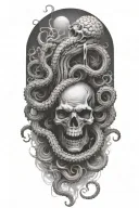 Create a detailed black-grey tattoo of a kraken engulfing a skull with tentacles tattoo design idea