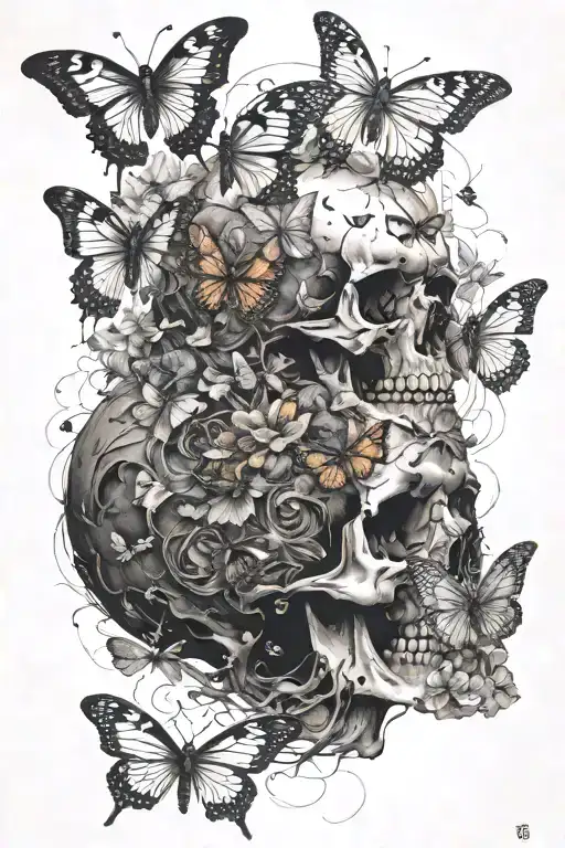 "Death Befor Dishonor" in japanese surrounded by butterflies that are half dead and withered and half alive and majestic tattoo design idea