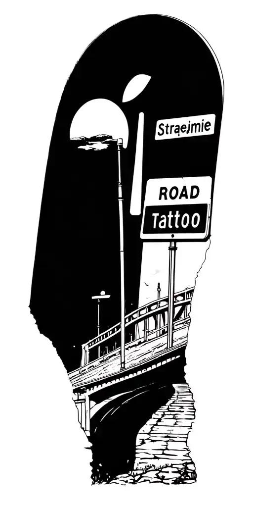 arch bridge and road sign with the text Straejmie tattoo design idea
