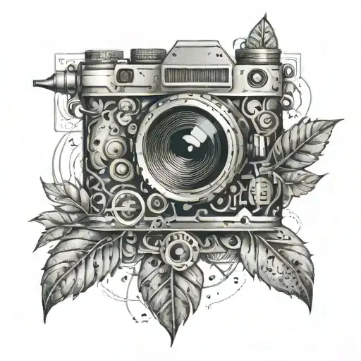An abstract design featuring a camera lens surrounded by intricate gun details, with plant motifs in the background tattoo design idea