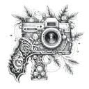 An abstract design featuring a camera lens surrounded by intricate gun details, with plant motifs in the background tattoo design idea
