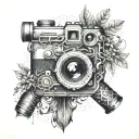 An abstract design featuring a camera lens surrounded by intricate gun details, with plant motifs in the background tattoo design idea
