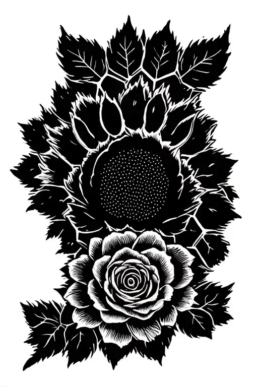 dog paw with sunflower rose bee honeycomb pattern tattoo design idea