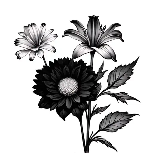 Larkspur lily next to chrysanthemum flower tattoo design idea