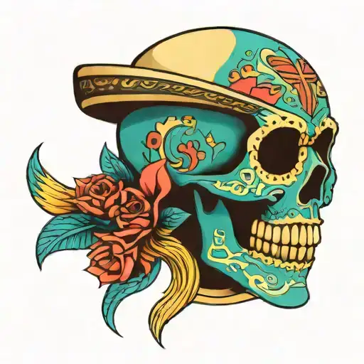 Minimalist Mexican Skull. Very colorful with main colors being dark green and sky blue. It has a lot of models on face tattoo design idea