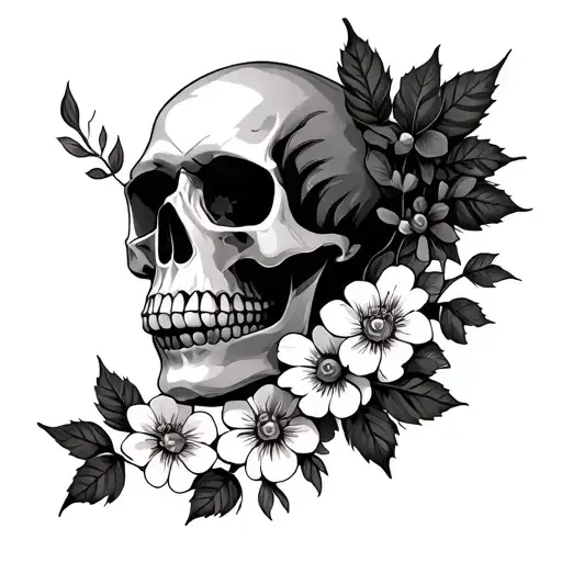 small skull  and flowers and falling leaves tattoo design idea