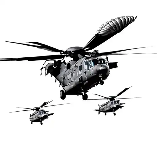 Army tattoo that has blackhawk and chinook  with paratrooper in the mountains and deserts of Afghanistan and Iraq tattoo design idea