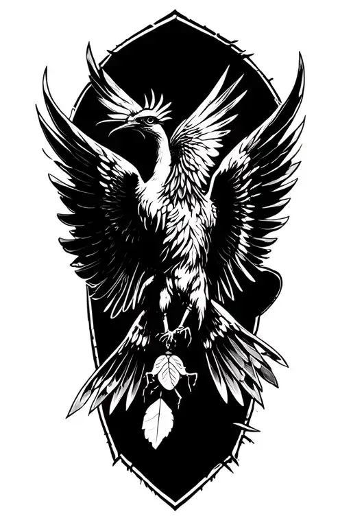 a phoenix flying under a philant star brings a leaf of lorium in its beak to a single ant tattoo design idea
