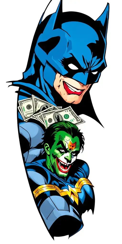 Batman and joker Batmobile bags of money guns Gotham city Wonder Woman spider man and green goblin tattoo design idea