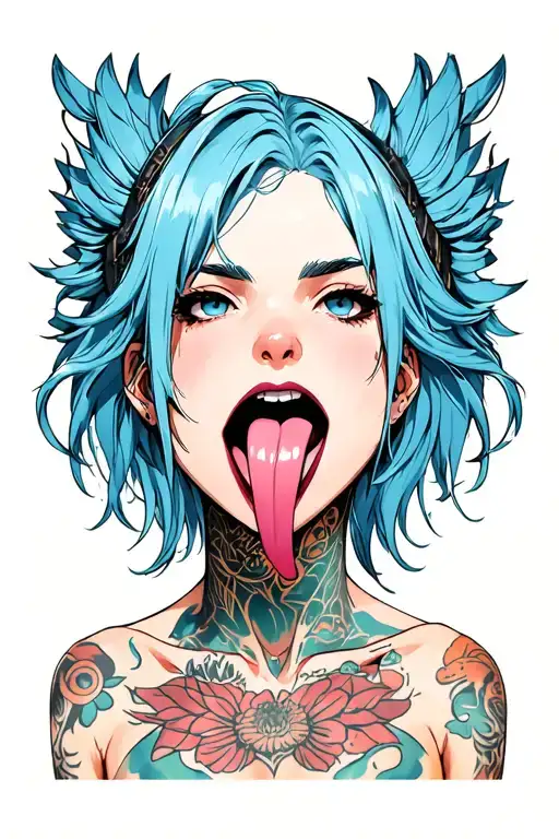 Hentail, nude, bdsm, stick out tongue, nymphomaniac face, young, sexy position, small boobs, blue hair tattoo design idea