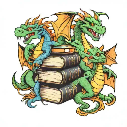 3 cartoon dragons with books tattoo design idea