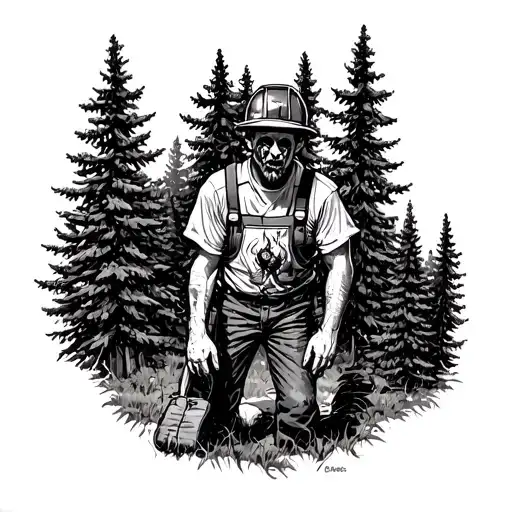 A coniferous forest with a worker who has a burning heart and a dirty face tattoo design idea