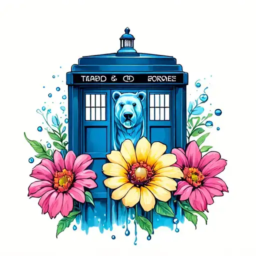 tardis, 2 flowers, water and a bear tattoo design idea