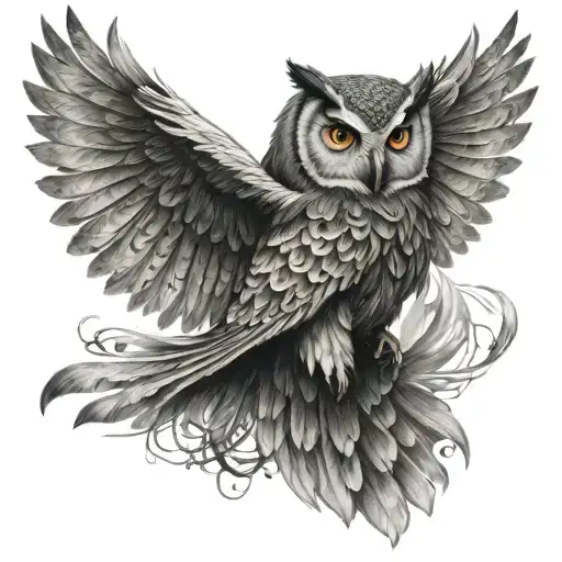 Big coverup of an owl on the back. Covering the upper back, not the lowerback. More realistic style. Owl with wings. Cov tattoo design idea