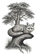 fox sitting under a tree tattoo design idea