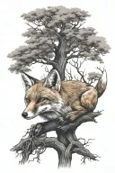 fox sitting under a tree tattoo design idea