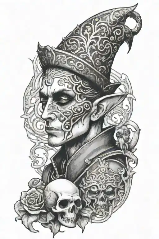 elf with thrones over eyes holding skull tattoo design idea