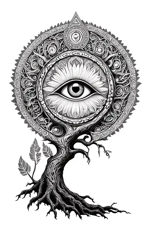 I want a tattoo that combines Yggdrasil (the World Tree), Mandala patterns, the Evil Eye or Eye of Ra/Horus, nature and  tattoo design idea