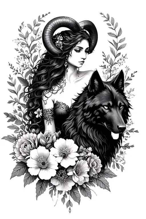 Aries sexy goddess surrounded by flowers and  black wolf tattoo design idea