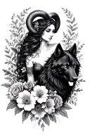 Aries sexy goddess surrounded by flowers and  black wolf tattoo design idea