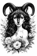 Aries sexy goddess surrounded by flowers and  black wolf tattoo design idea