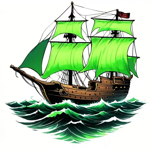 green glow ghost pirate ship sailing through stormy tattoo design idea