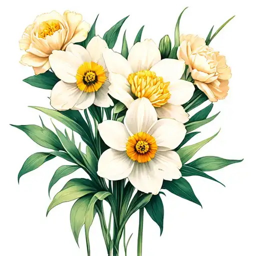 narcissus, carnation, and cosmos flowers tattoo design idea