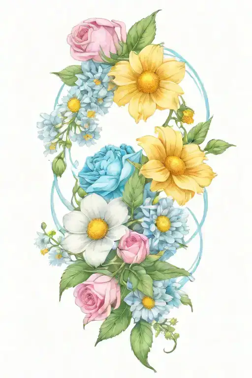 An intricate tattoo of a boquet of roses, daisys, and cosmos flowers tattoo design idea