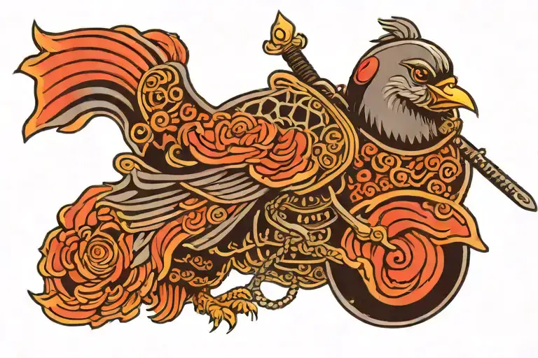 Design a (((traditional Japanese style Tattoo))) for a (((Pigeon with a Shogun helmet, holding a sheath with a sword, po tattoo design idea