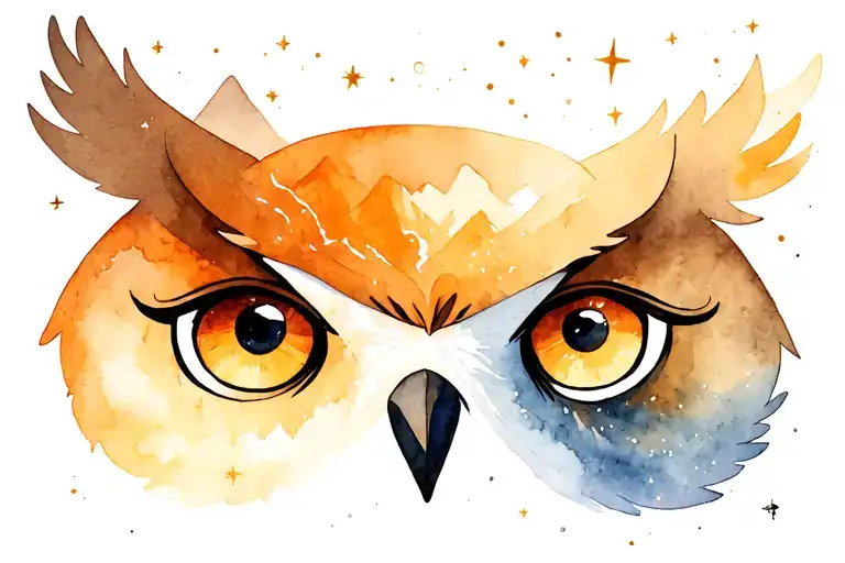 "The world needs more healer" owl eyes staring, stars in owl eyes with mountains tattoo design idea