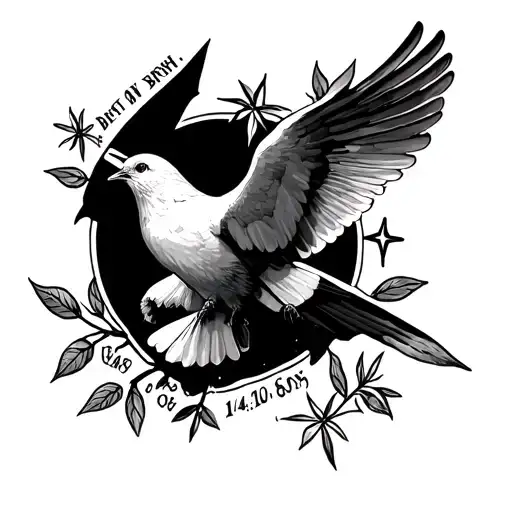 Olivier branch, a dove, a star for the death of my son, his date of birth 01-10-04 and his death 14-06-25 tattoo design idea