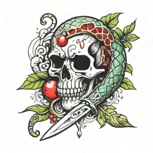 Old fashioned dagger with a snake wrapped around tattoo drawing, pomegranate cut in half as blood dripping, jade gem in  tattoo design idea