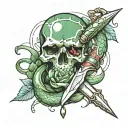 Old fashioned dagger with a snake wrapped around tattoo drawing, pomegranate cut in half as blood dripping, jade gem in  tattoo design idea