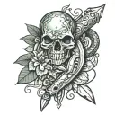 Old fashioned dagger with a snake wrapped around tattoo drawing, pomegranate cut in half as blood dripping, jade gem in  tattoo design idea