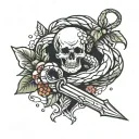 Old fashioned dagger with a snake wrapped around tattoo drawing, pomegranate cut in half as blood dripping, jade gem in  tattoo design idea