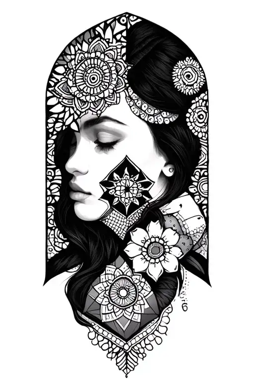 geometric shapes with mandala on shoulder and elbow tattoo design idea