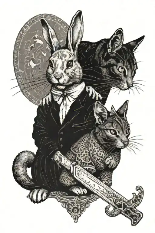 tarot card featuring rabbit and cat holding a knife each tattoo design idea
