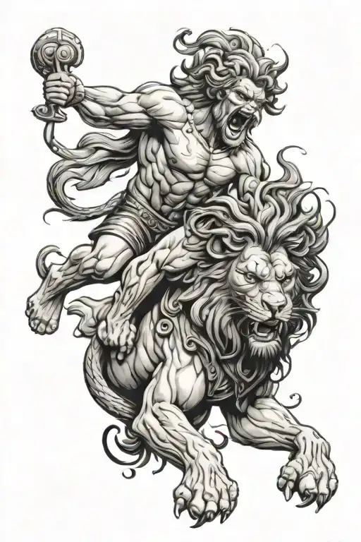Samson ripping apart a deformed lion tattoo design idea