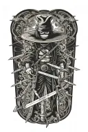 Zorro's 3 swords from One Piece with Luffy's hat on one of the hilts tattoo design idea