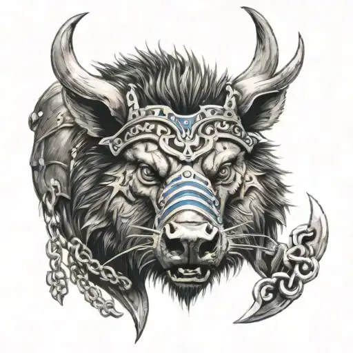 angry boar head on chained armor wearing a crown with blue eyes tattoo design idea