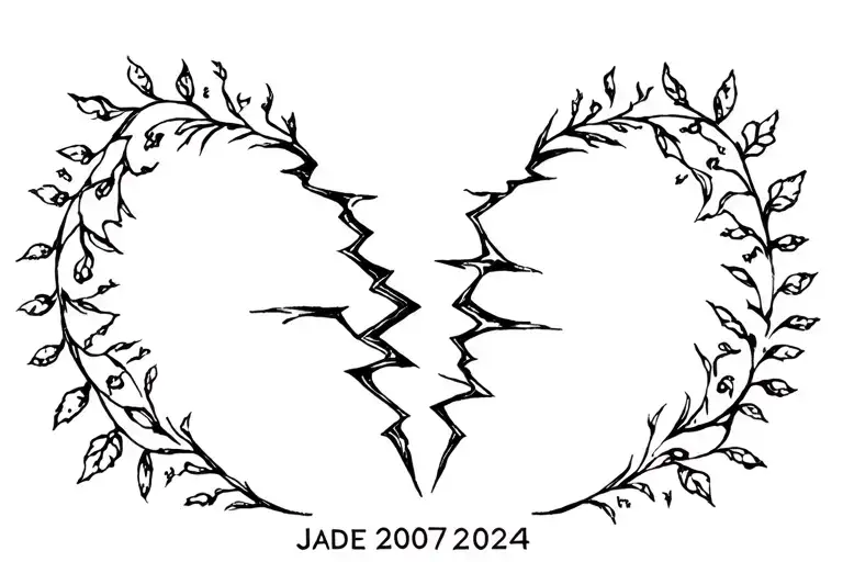 "Jade 2007-2024" Broken heart tattoo design idea