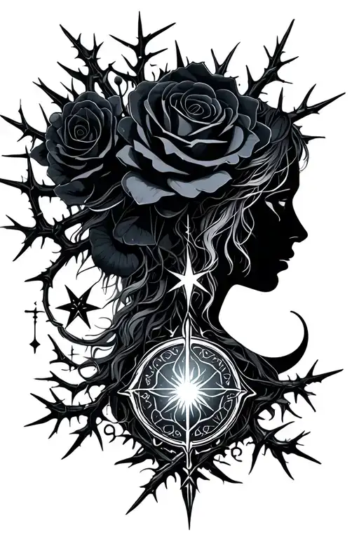 Drug, Silhouette of Daenerys, elements: black roses, thorns, moons, stars, tarot symbols tattoo design idea